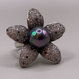 Sterling Silver 925 Signed IM Flower Ring Sparkle CZ Black & White Sz 8 J388